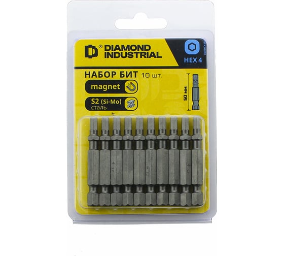 Изображение товара Биты магнитные HEX4, 50 мм, 10 штук, S2 закаленные Diamond Industrial DIDHEX450