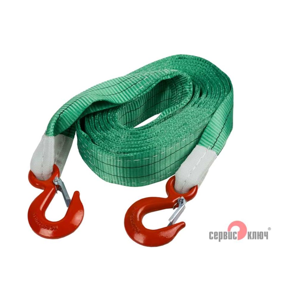 Изображение товара Ленточный усиленный буксировочный трос СЕРВИС КЛЮЧ 10 тонн 5 метров зеленый