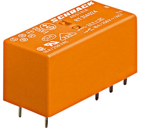 Изображение товара Реле Schrack Technik PCB, 2 переключающих контакта, 8A, 230V АC, шаг 5,0мм, AgCdO артикул Австрия RP420730