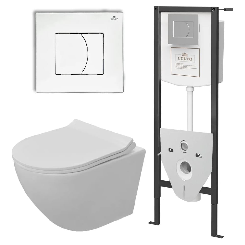 Изображение товара Подвесной унитаз CULTO ANDI WHITE безободковый с инсталляцией и клавишей смыва