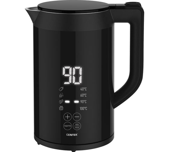 Изображение товара Чайник Centek черный, 1,7 л, 2200 Вт, 2 стенки, сталь без шва, LED-дисплей, t:40/60/90/100С Сенсор CT-1006