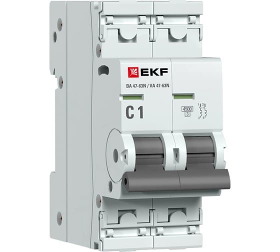 Изображение товара Автоматический выключатель EKF ВА 47-63N 2P 1А (C) 4,5 кА PROXIMA M634201C