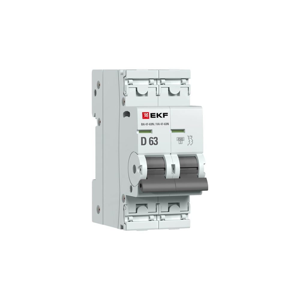 Изображение товара Автоматический выключатель EKF ВА 47-63N 2P 63A 4,5 кА модульный IP20 для DIN-рейки