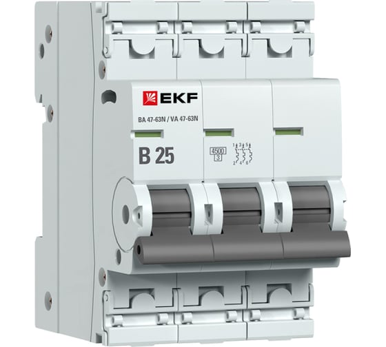Изображение товара Автоматический выключатель EKF ВА 47-63N 3P 25А (В) 4,5 кА PROXIMA M634325B