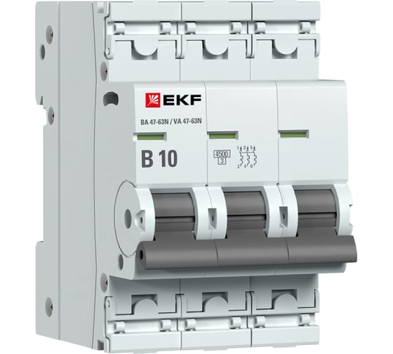 Изображение товара Автоматический выключатель EKF ВА 47-63N 3P 10А (В) 4,5 кА PROXIMA M634310B