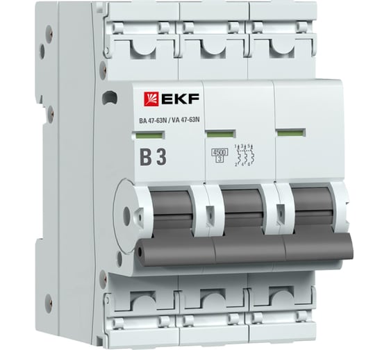 Изображение товара Автоматический выключатель EKF ВА 47-63N 3P 3А (B) 4,5 кА PROXIMA M634303B