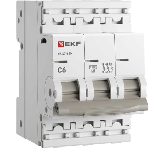 Изображение товара Автоматический выключатель EKF ВА 47-63N 3P 6А (C) 4,5 кА PROXIMA M634306C