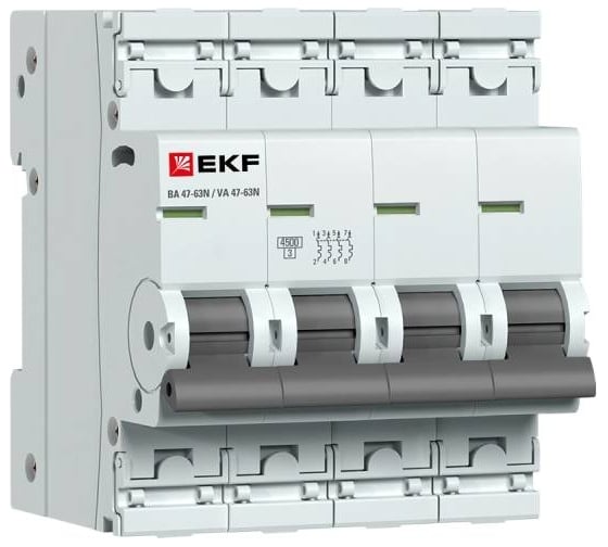 Изображение товара Автоматический выключатель EKF ВА 47-63N 4P 16А (D) 4,5 кА PROXIMA M634416D