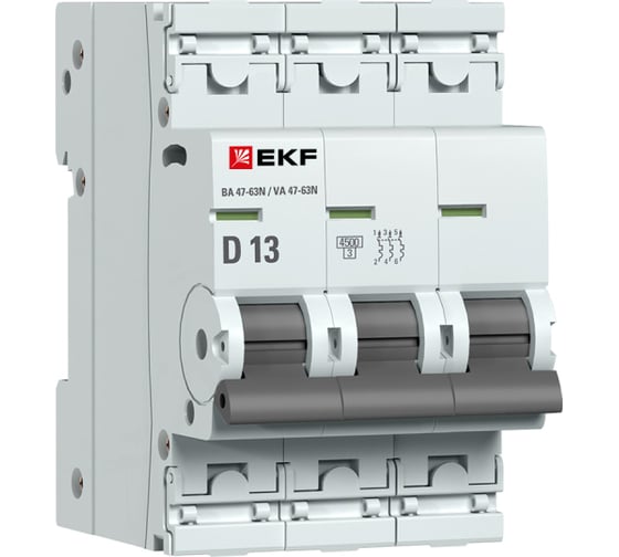 Изображение товара Автоматический выключатель EKF ВА 47-63N 3P 13А (D) 4,5 кА PROXIMA M634313D