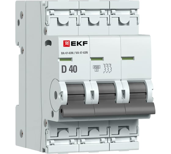 Изображение товара Автоматический выключатель EKF ВА 47-63N 3P 40А (D) 4,5 кА PROXIMA M634340D