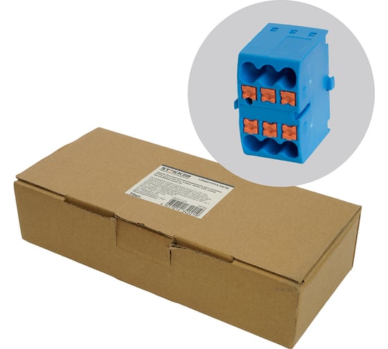 Изображение товара Зажим блочный (групп) STEKKER для распределения тока нагрузки push-in на 6 точек, сечение 2,5 мм2, 450V, 24А, синий LD580 PTFIX 06/25, 72 шт в упак, 49750