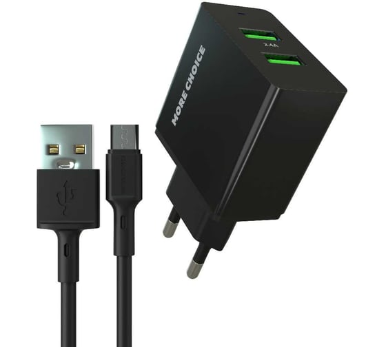 Изображение товара Сетевое зарядное устройство 2USB 2.4A для micro USB More Choice NC11m Black