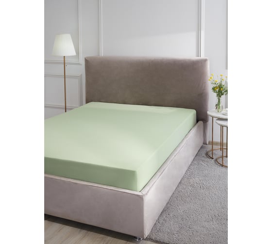 Изображение товара Простыня на резинке Guten Morgen ткань трикотажная, 125 гр/м, гладкокрашеная, хаки, 200x200x20 см, на резинке ПТх-200-200/125