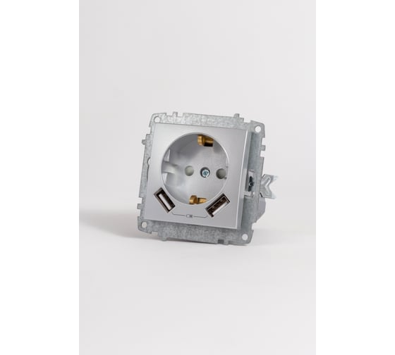 Изображение товара Розетка Elbi Zena Vega Серый Металлик Два входа USB для заряда устройства с заземлениям и защита от детей M+K 609-011000-317