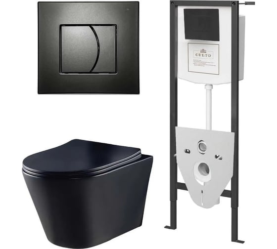 Изображение товара Комплект 3 в 1 CULTO инсталляция с подвесным унитазом CULTO MONET black черный, сиденье с микролифтом, клавиша смыва черная УТ-999028622