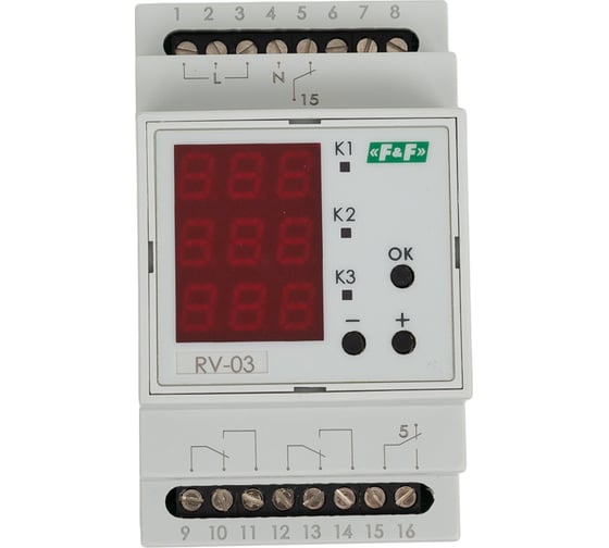 Изображение товара Реле времени Евроавтоматика F&F RV-03 трехканальное, многофункциональное, 9 режимов работы, с входами START, 3 модуля, монтаж на DIN-рейке EA02.001.026