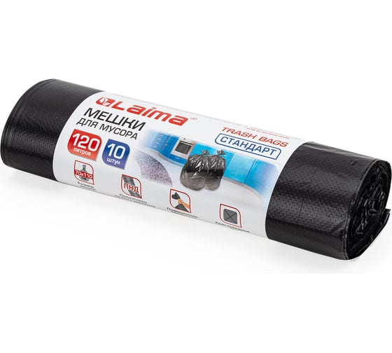 Изображение товара Мешки Стандарт (10 шт; 120 л; 70х110 см; 14 мкм; ПНД; черные) для мусора ЛАЙМА 601385