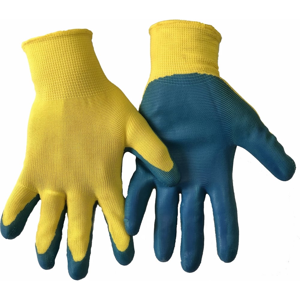 фото Нейлоновые перчатки с латексным обливом bull, желто-синие, 12 штук, prz133