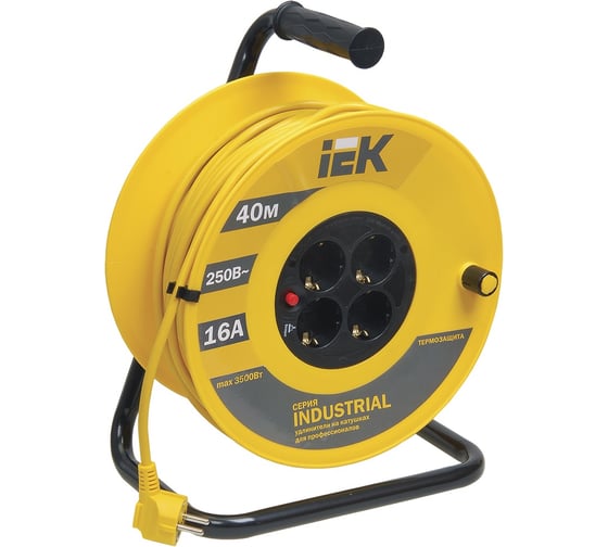 Изображение товара Катушка IEK УК40, с т/з, 4 места, 2Р+PЕ/40м, 3х1,5 мм2, "Industrial" WKP15-16-04-40