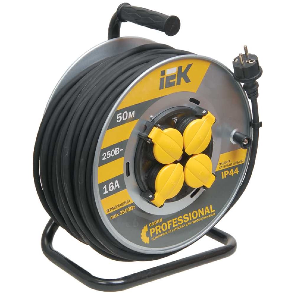 Изображение товара Катушка IEK УК50, с т/з, 4 места, 2Р+PЕ, 50м, КГ 3х2,5мм2, IP44, "Professional" WKP17-16-04-50-44