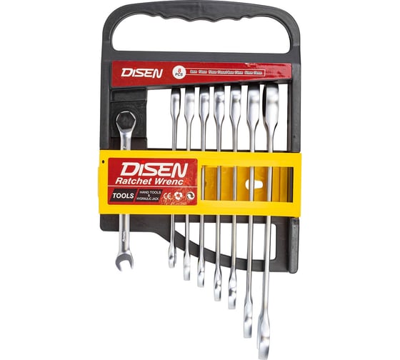 Изображение товара Набор ключей комбинированных трещоточных Disen 8 предметов (8,10,12-15,17,19мм), в пластиковом держателе DSD1512(52926)