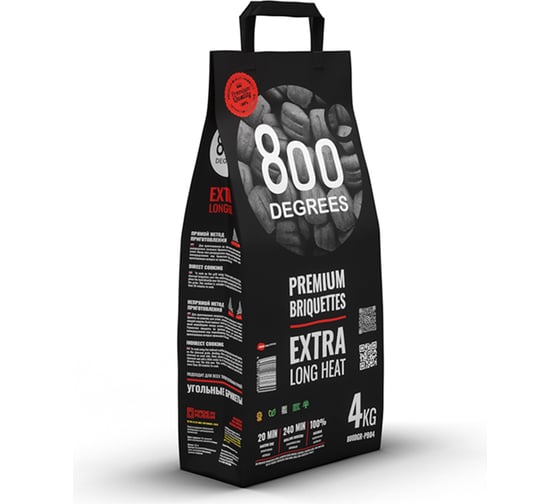 Изображение товара Уголь в брикетах 800 Degrees Premium Долгое Горение, мешок 4 кг 800DGR-PB04