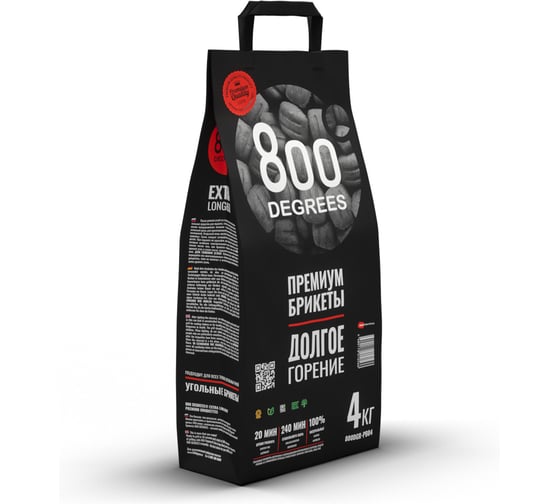 Изображение товара Уголь в брикетах 800 Degrees Premium Долгое Горение, мешок 4 кг 800DGR-PB04