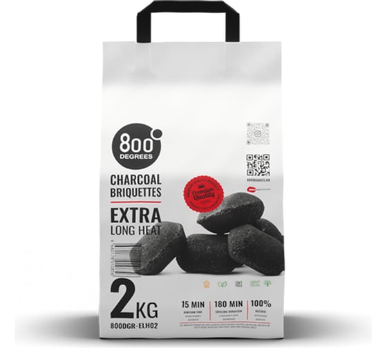 Изображение товара Уголь брикетированный 800 Degrees Долгое Горение, мешок 2 кг 800DGR-ELH02