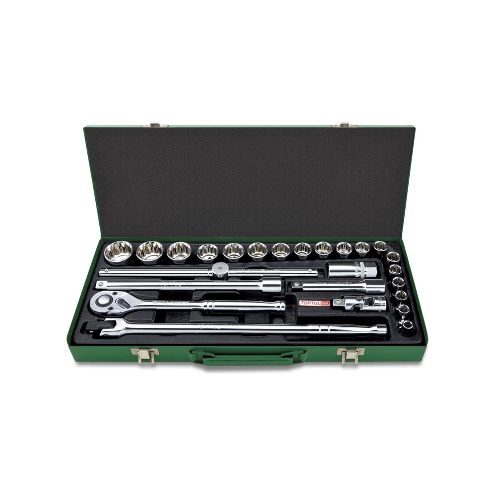 Изображение товара Набор головок и аксессуаров TOPTUL 1/2 DR 12-гранных дюймовых 5/16 DR-1-1/4 DR, 25 предметов в металлическом кейсе GCAD2514
