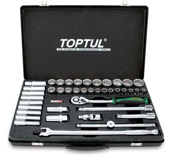 Изображение товара Набор головок и аксессуаров TOPTUL 1/2 DR 12-гранных 8-32 мм, 41 предмет в металлическом кейсе GCAD4103