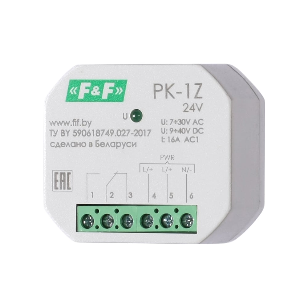 Изображение товара Реле промежуточное Евроавтоматика F&F PK-1Z/24 7-30 АС, 9-40 DC, 16 А, 1 переключающий, для установки в монтажную коробку O 60мм EA06.001.046