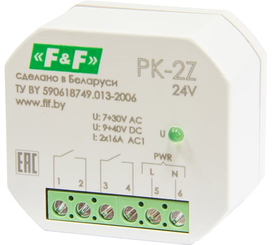 Изображение товара Реле промежуточное Евроавтоматика F&F PK-2Z/24 7-30 АС, 9-40 DC, 16 А, 2 замыкающих, для установки в монтажную коробку O 60мм EA06.001.048