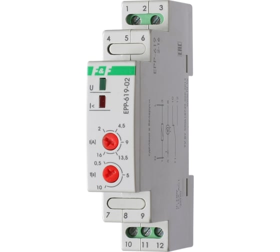 Изображение товара Реле тока Евроавтоматика F&F EPP-619-02 2-16 A, регулируемая задержка, 1 модуль, монтаж на DIN-рейке EA03.004.014