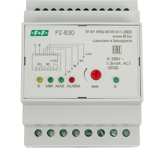 Изображение товара Трехуровневое реле уровня жидкости Евроавтоматика F&F PZ-830 (без датчиков) контроль аварийного уровня, 4 модуля, монтаж на DIN-рейке EA08.001.010