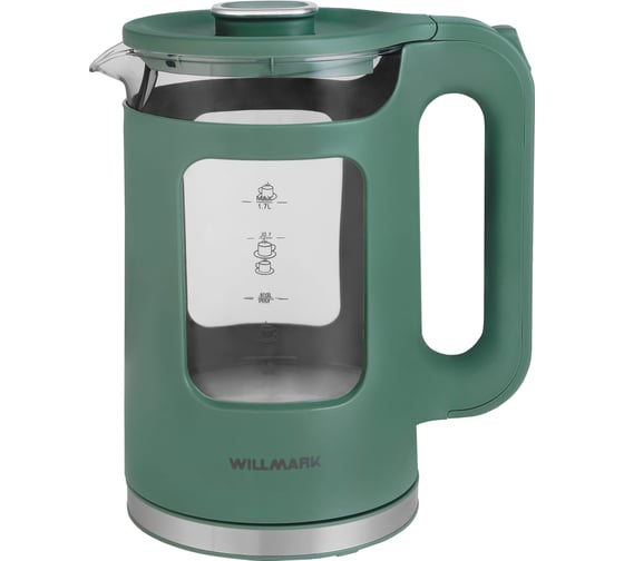Изображение товара Чайник электрический Willmark WEK-1725G 1.7 л, поворот на 360 град., LED-подсветка, двустенный корпус, 2200 Вт, зеленый 2002559