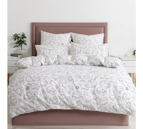 Изображение товара Комплект постельного белья Guten Morgen бязь, рис.1145, Cat party, 2 спальный Макси, с наволочкой 50x70 см ПБ-1145-175-200-50