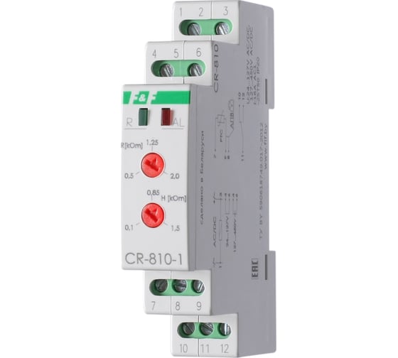 Изображение товара Температурное реле для защиты электродвигателей от перегрева Евроавтоматика F&F CR-810-1 DIN, сопротивление петли датчиков при превышении температуры 600…3500 Ом, датчи EA05.002.002