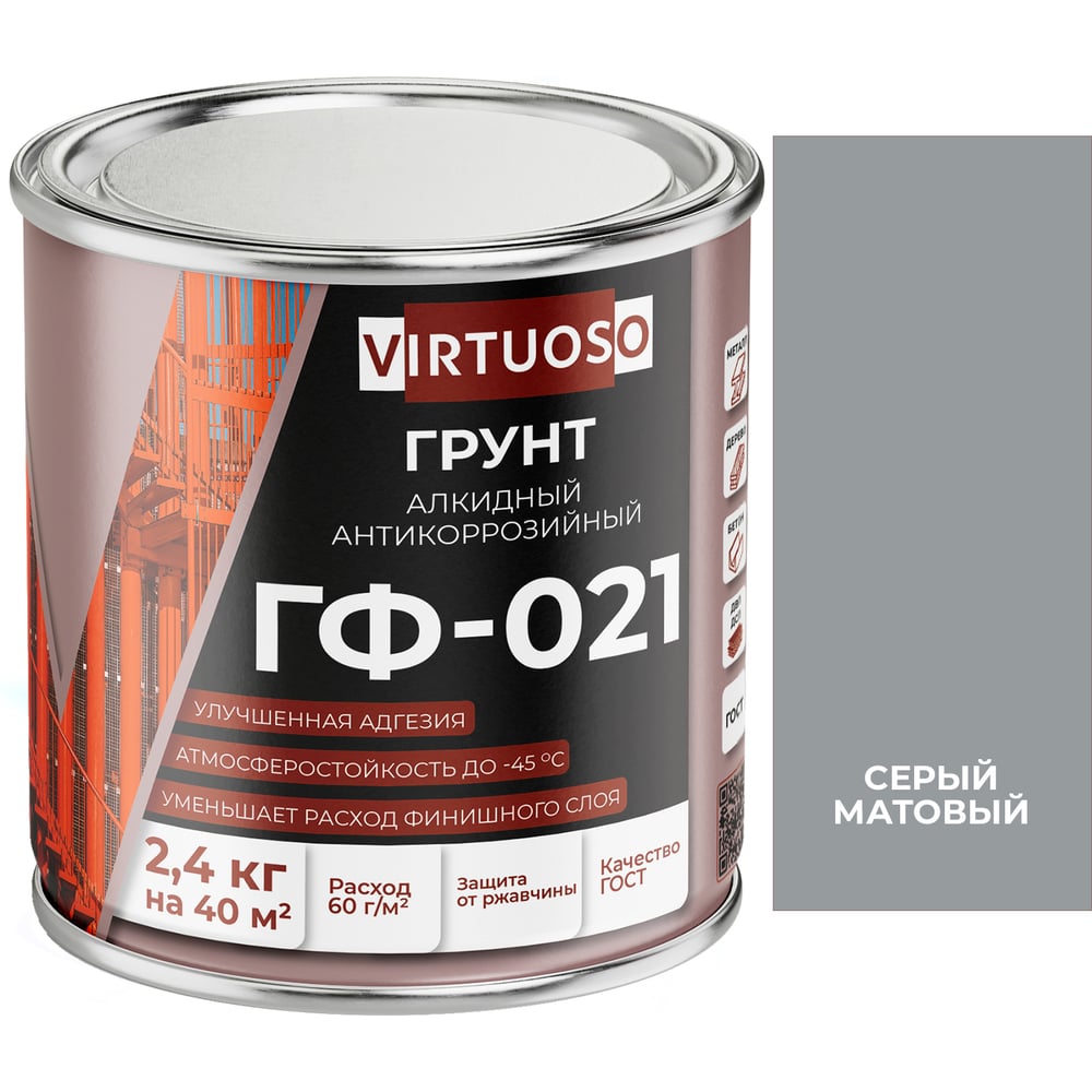 Изображение товара Грунтовка по металлу VIRTUOSO ГФ-021 серая 2,4 кг для защиты и подготовки