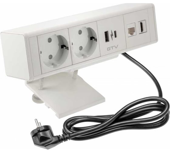 Изображение товара Удлинитель врезной GTV прямоугольный BAR, 2xSCHUKO, 1xUSB, 1xTYPE-C, 1xLAN, 1xHDMI, вилка провод 1,5M, цвет белый AE-GM2SBAR-10
