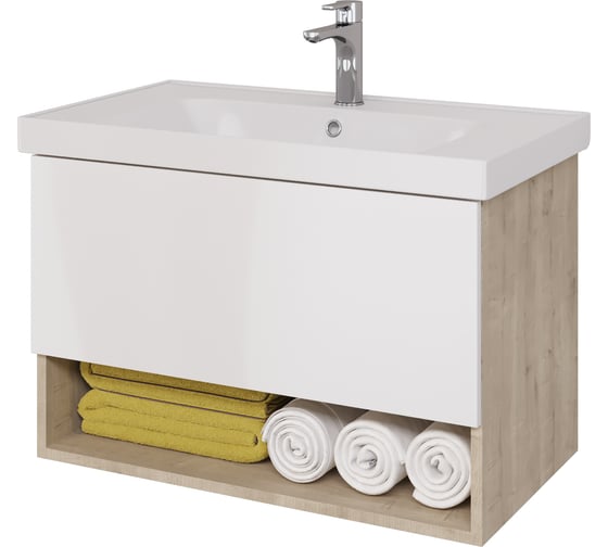 Изображение товара Подвесная тумба с раковиной Dreja PERFECTO, 90 см, 1 ящик, дуб эврика/белый глянец - 99.0813-641617 99.0813K