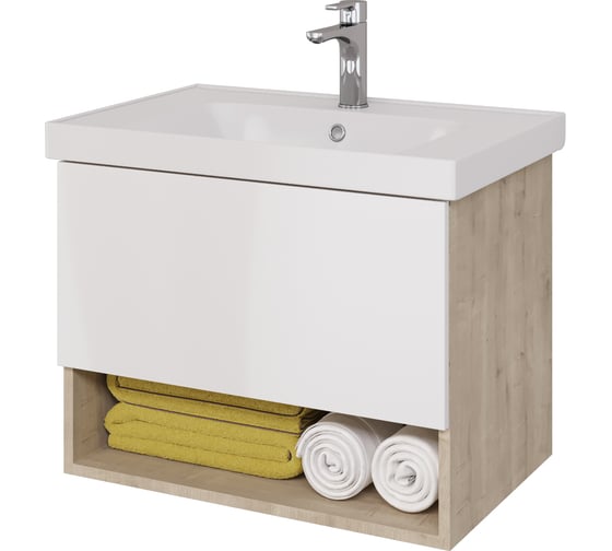 Изображение товара Подвесная тумба с раковиной Dreja PERFECTO, 70 см, 1 ящик, дуб эврика/белый глянец - 99.0812-641600 99.0812K
