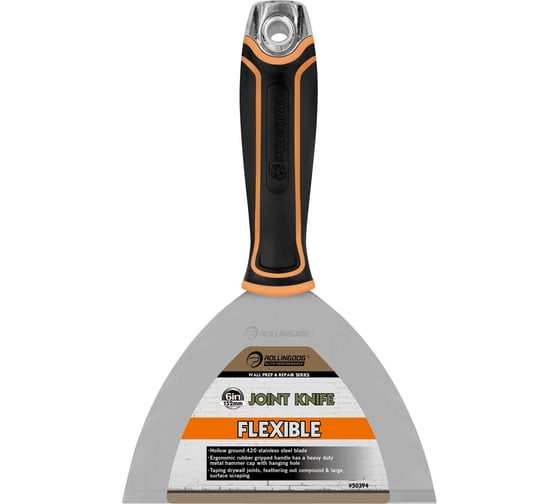 Изображение товара Малярный строительный шпатель Rollingdog Joint knife из нержавеющей стали, 152 мм, гибкое лезвие, металлический наконечник, 50394