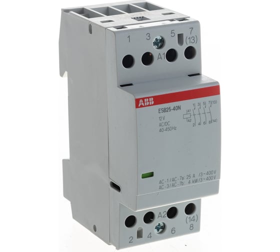 Изображение товара Контактор ABB ESB25-40N-14, модульный, 25А, АС-1, 4НО, катушка, 12В, AC/DC 1SAE231111R1440