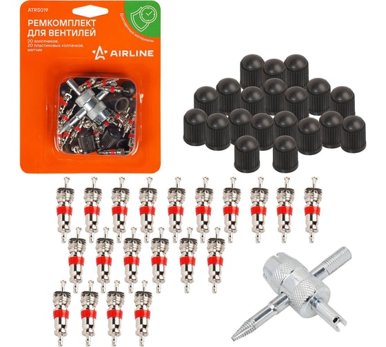Изображение товара Ремкомплект для вентилей Airline 20 золотников, 20 пластиковых колпачков, 1 метчик в блистере ATRS019