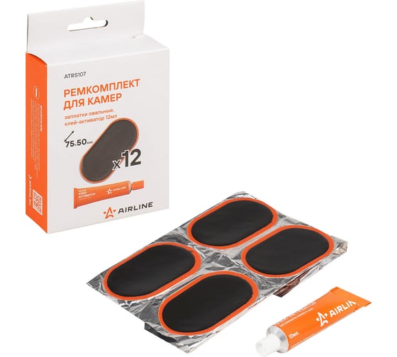 Изображение товара Ремкомплект для камер Airline заплатки овальные 75х50 мм - 12 шт., клей-активатор 12 мл ATRS107