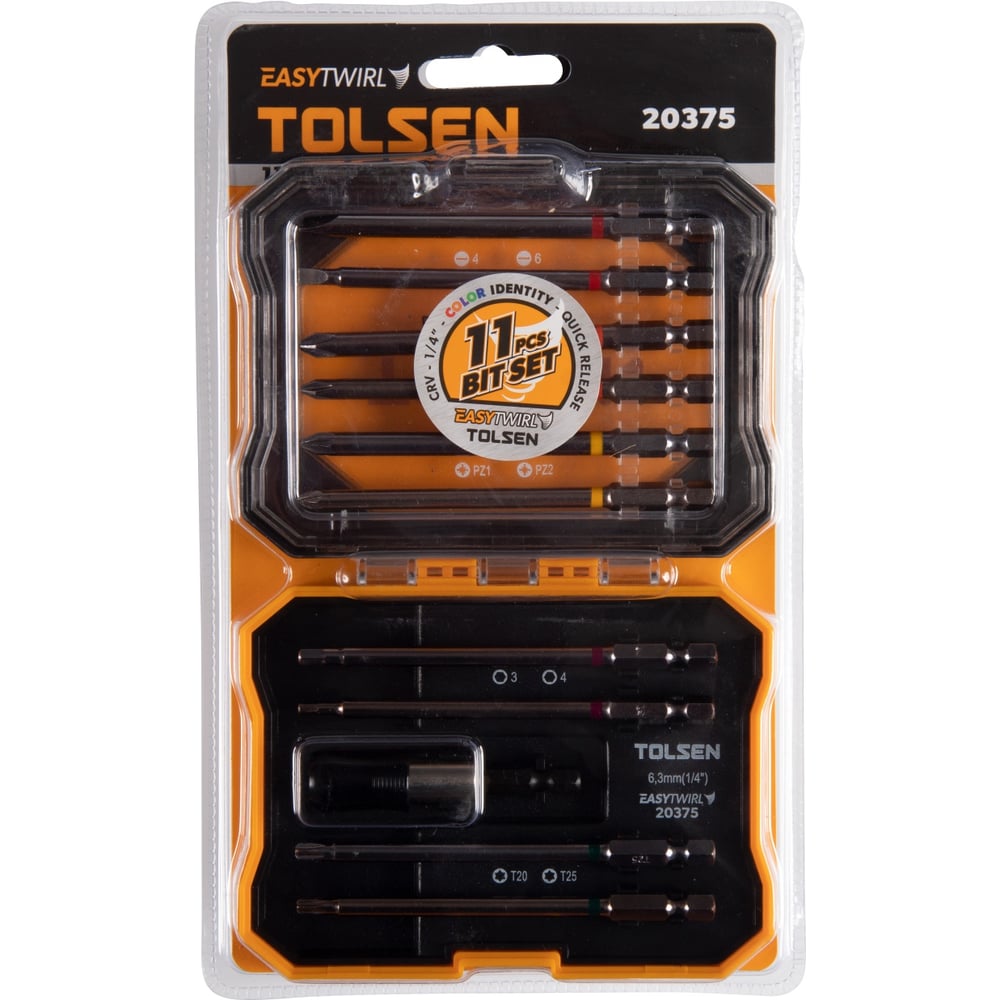 Набор вставок (бит) 1/4", PH, PZ, Hex, Torx, Slotted, 11 предметов TOLSEN 20375