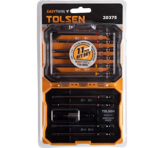 Изображение товара Набор вставок (бит) 1/4", PH, PZ, Hex, Torx, Slotted, 11 предметов TOLSEN 20375