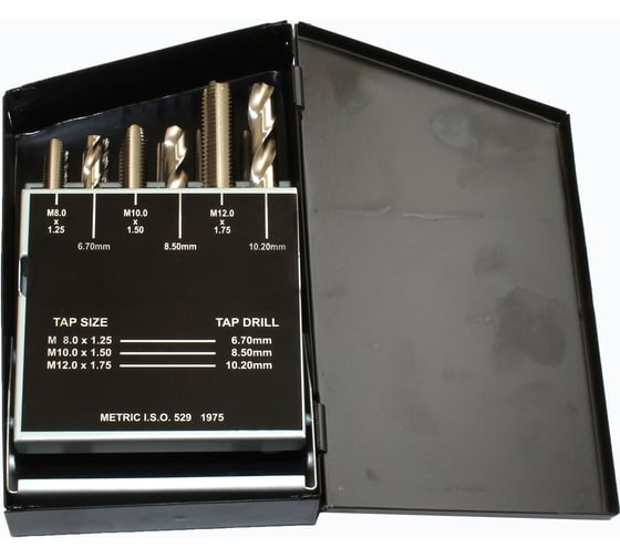 Изображение товара Набор резьбонарезной CNIC из 9 метчиков М2.5-М12 Р18 и 9 сверл d2.05-d10.2 Р18 в мет. коробке 74375