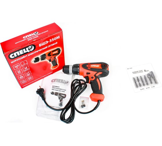 Изображение товара Сетевой шуруповерт Спец БШЭ-350M 220В, 350Вт, 0-800об/мин, 25Нм, диаметр патрона 10мм, реверс + Набор бит универсальный 8шт СПЕЦ-3328/4107
