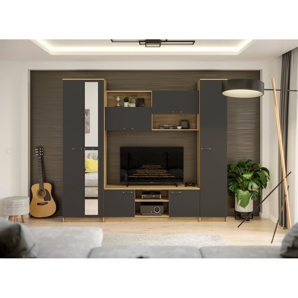 Изображение товара Гостиная Woodville Бертелена дуб крафт серый антрацит (245х45х210 см) с полкой для ТВ